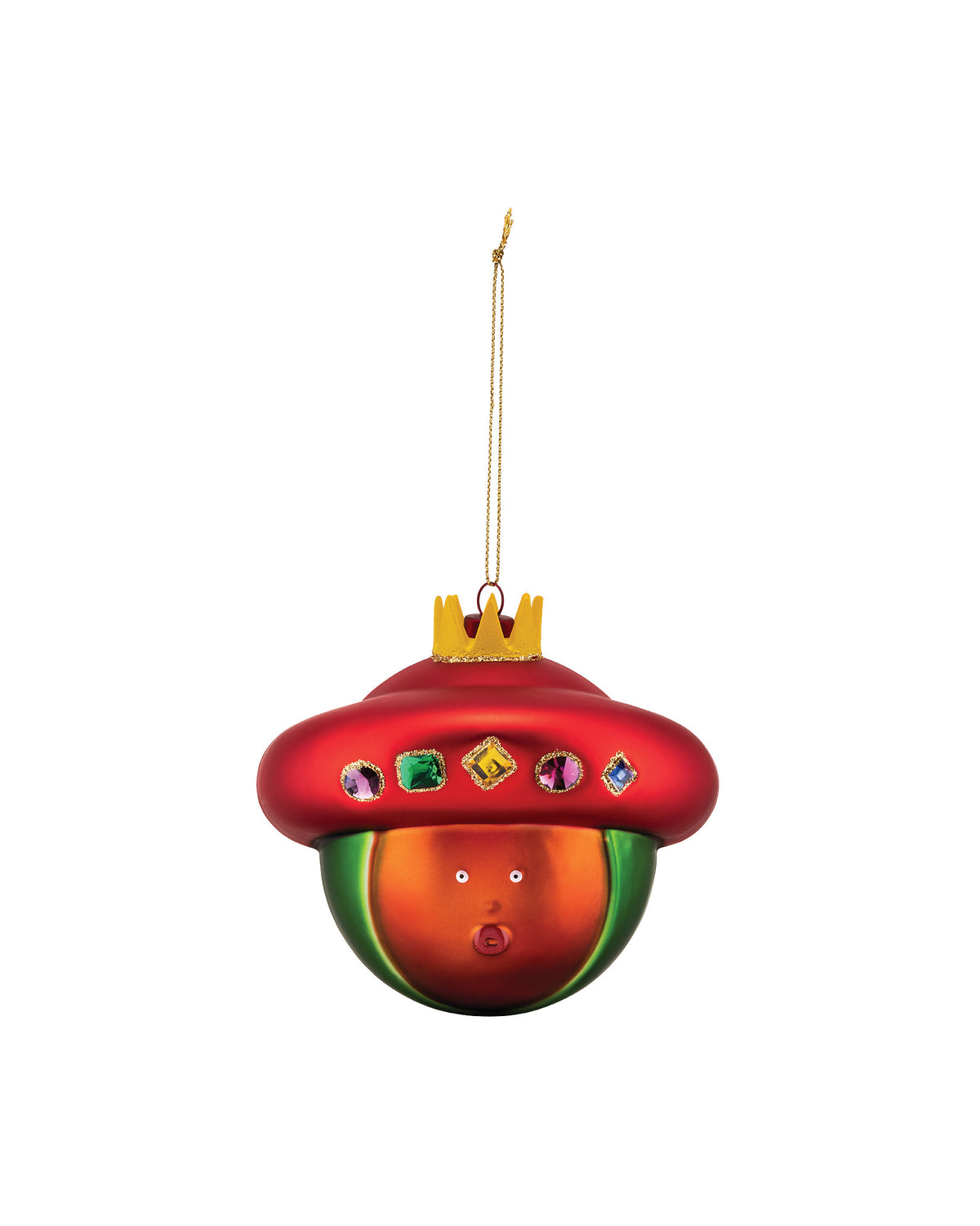 Colorful glass Christmas ornament by Alessi, with a red hat, gold crown, colorful jewels, and a surprised orange face.