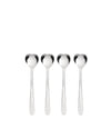 Four polished silver heart-shaped spoons by Alessi standing upright in a row on a white background.