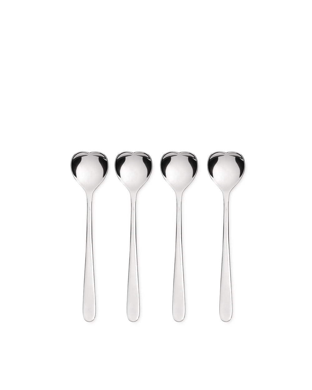 Four polished silver heart-shaped spoons by Alessi standing upright in a row on a white background.