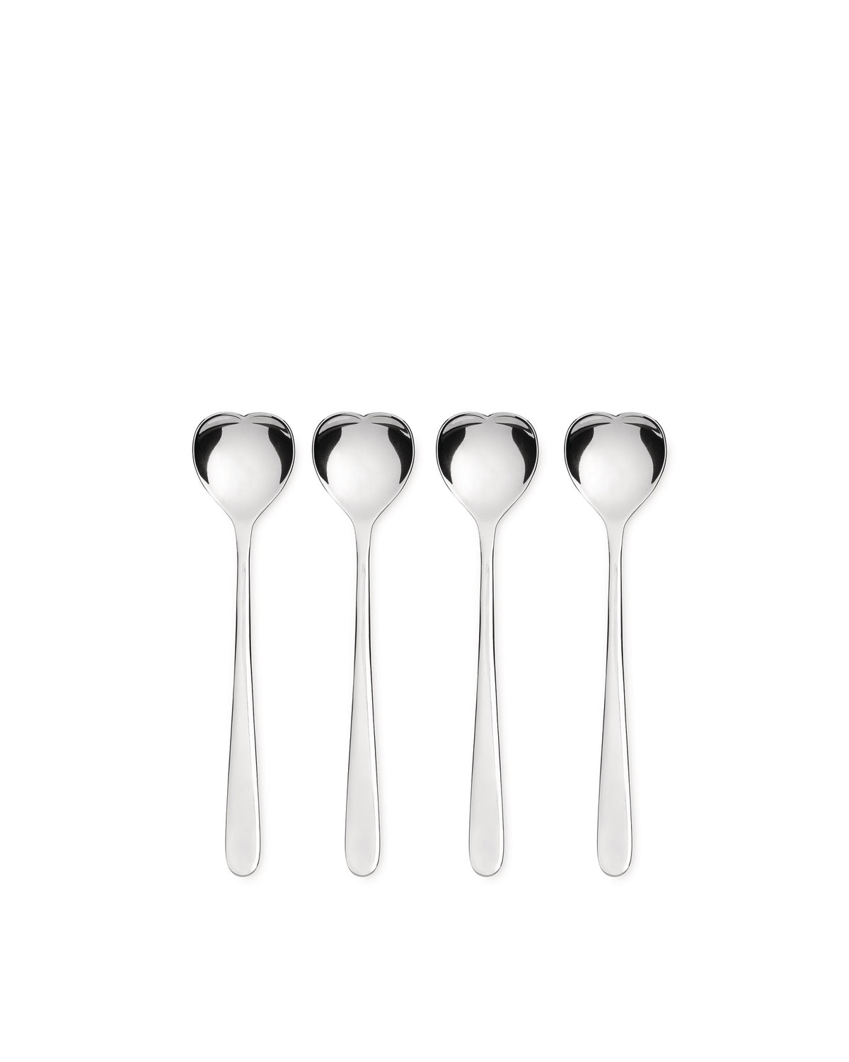 Four polished silver heart-shaped spoons by Alessi standing upright in a row on a white background.