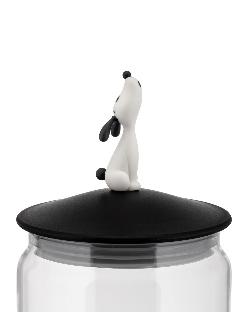 Clear glass LulàJar by Alessi with a black lid and white dog figure looking up.