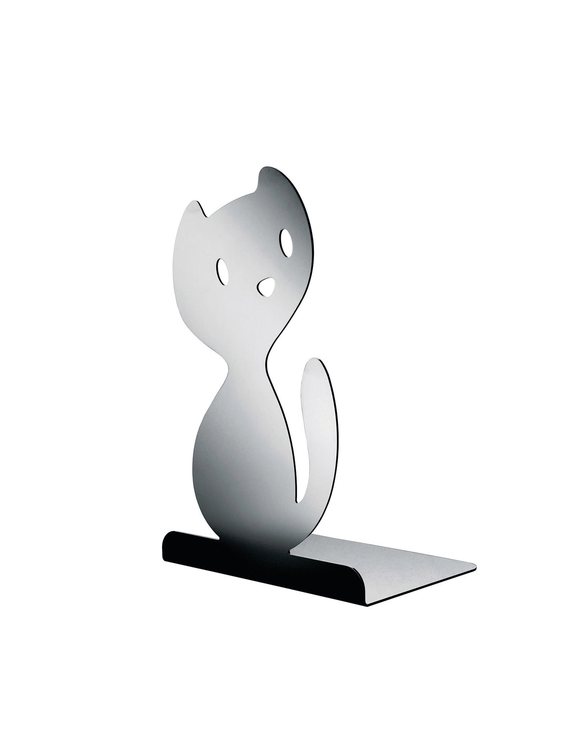 Silver metallic cat bookend by Alessi with minimalist design and two eye cutouts, standing on a dark base.