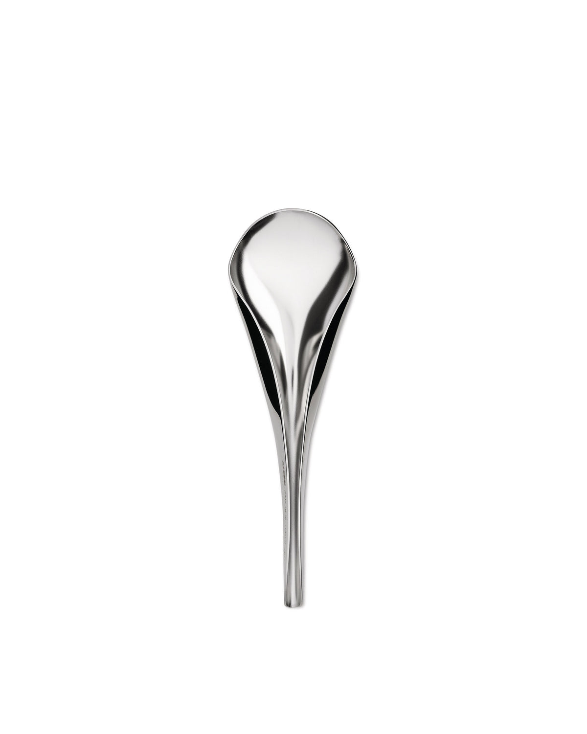 Silver metallic spoon by Alessi, featuring a sleek, modern teardrop design and slender handle.