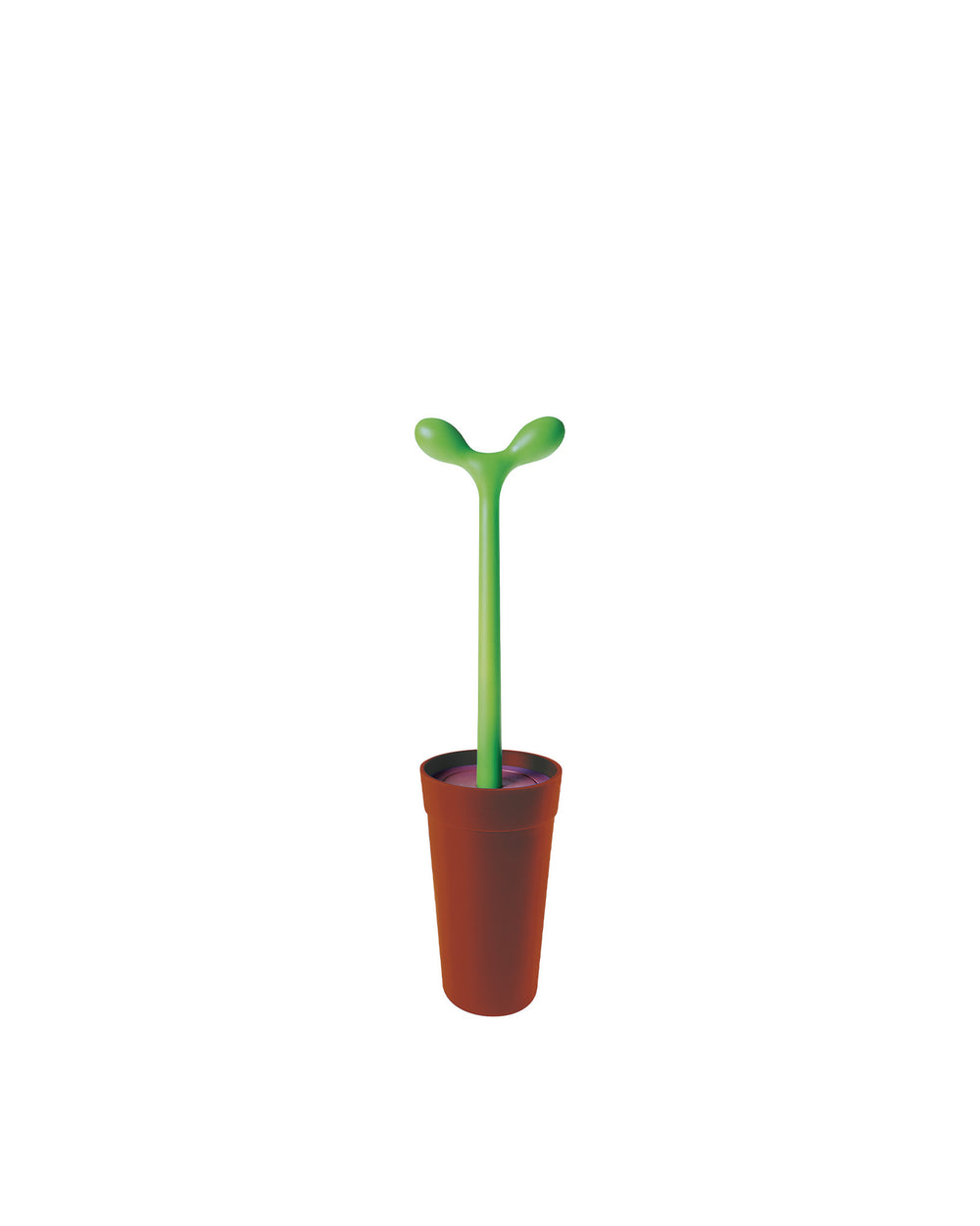 Green sprout-shaped toilet brush by Alessi, displayed in a reddish-brown pot.