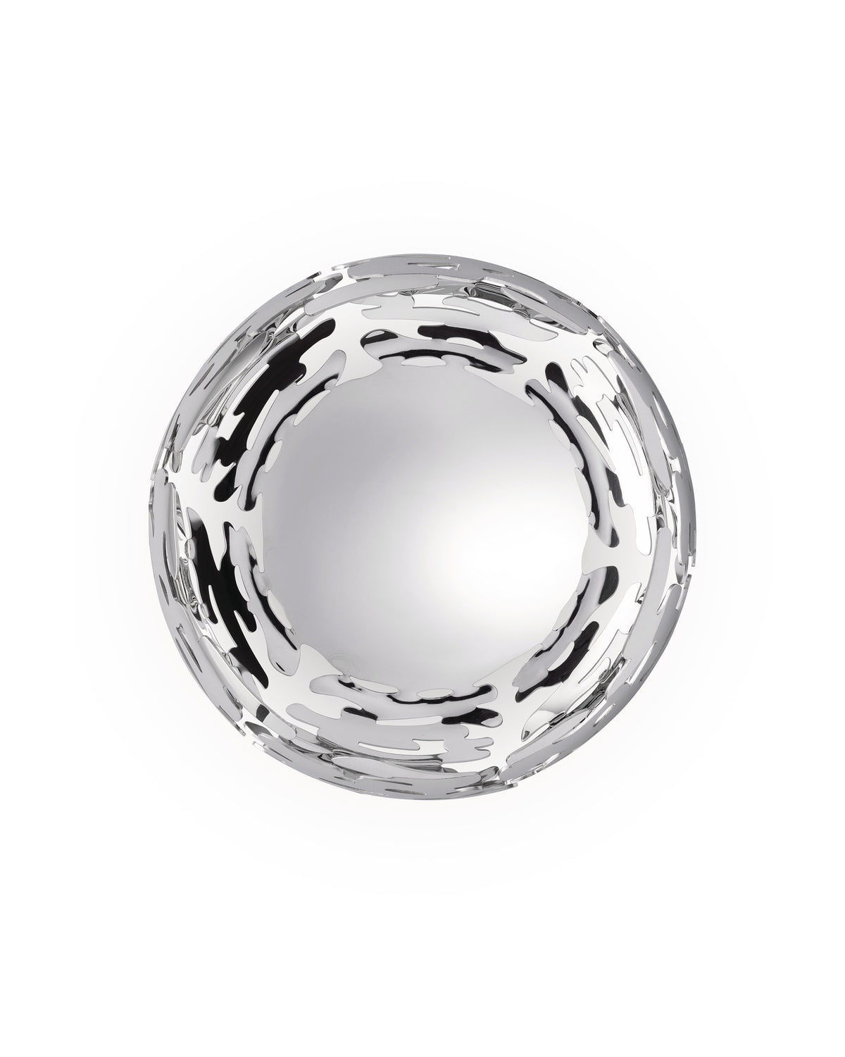 Silver metal perforated decorative bowl by Alessi with abstract bark-like cutouts.