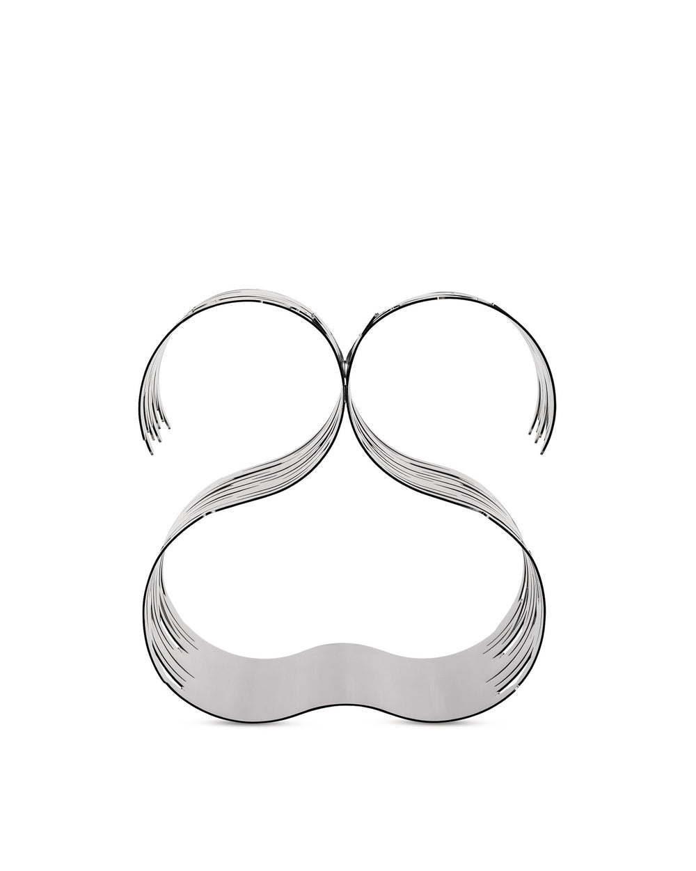 Silver polished metal wine bottle holder by Alessi, featuring an abstract, wavy, multi-layered design.