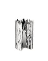 Silver metallic Barkroll by Alessi with abstract, wavy cutouts and reflective surface.