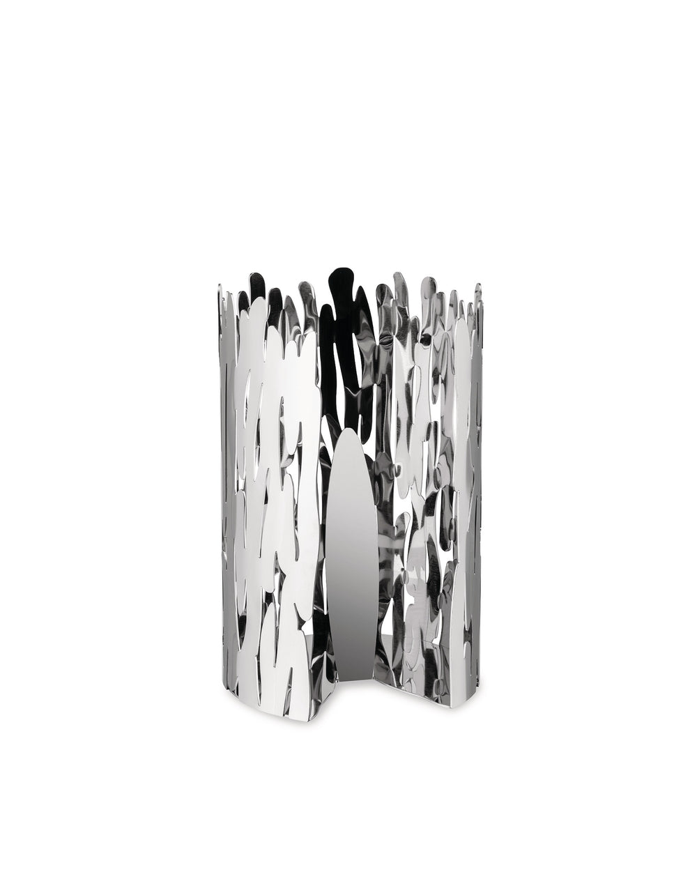 Silver metallic Barkroll by Alessi with abstract, wavy cutouts and reflective surface.