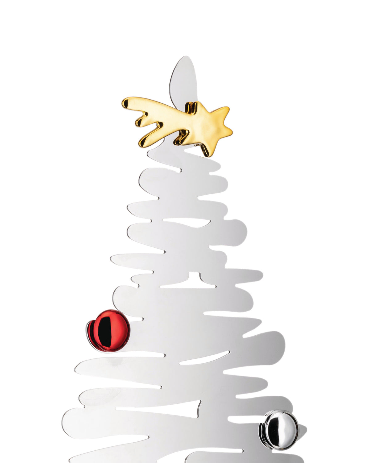 Silver metal Christmas tree sculpture by Alessi, decorated with a gold comet and red and silver baubles.