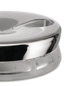 Chrome and clear plastic YoYo by Alessi, featuring a reflective curved top and translucent base marked with '1'.