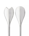 Shiny silver salad servers by Alessi, a minimalist pair with one unique cutout-edged utensil.