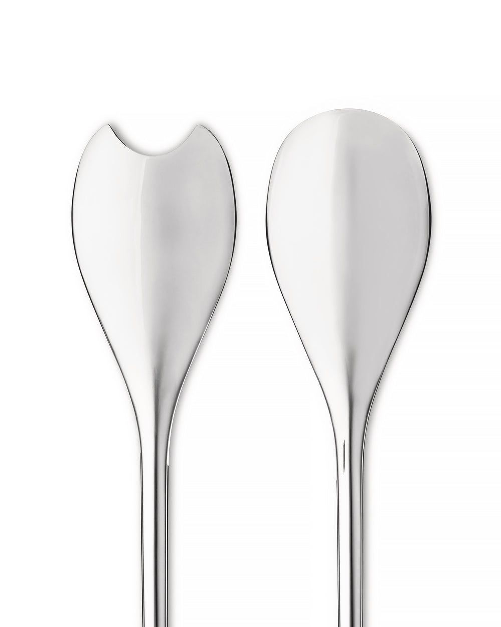 Shiny silver salad servers by Alessi, a minimalist pair with one unique cutout-edged utensil.