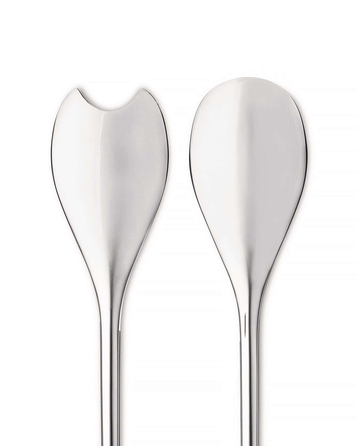 Shiny silver salad servers by Alessi, a minimalist pair with one unique cutout-edged utensil.