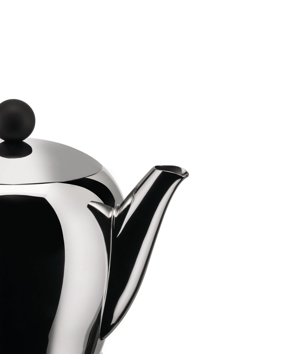 Polished stainless steel teapot by Alessi, with a black spherical lid knob and elegant curved spout, cropped view.