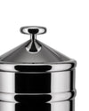 Shiny stainless steel jar by Alessi with a conical lid and round handle, cropped against a white background.