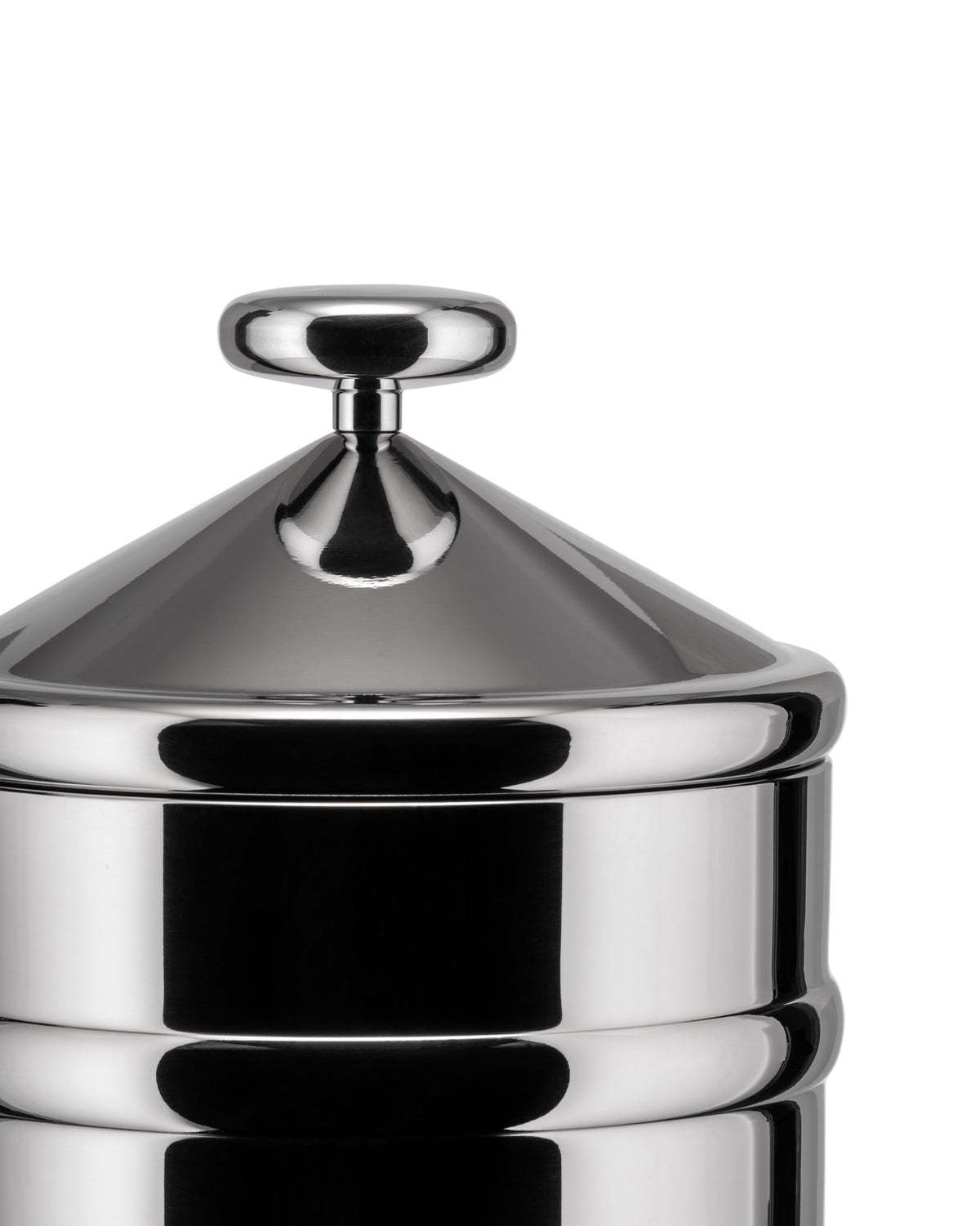 Shiny stainless steel jar by Alessi with a conical lid and round handle, cropped against a white background.