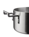 Silver brushed stainless steel pot from Alessi, featuring a dark grey textured handle and an interior 2.5 measurement mark.