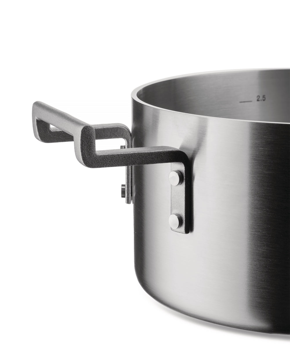 Silver brushed stainless steel pot from Alessi, featuring a dark grey textured handle and an interior 2.5 measurement mark.