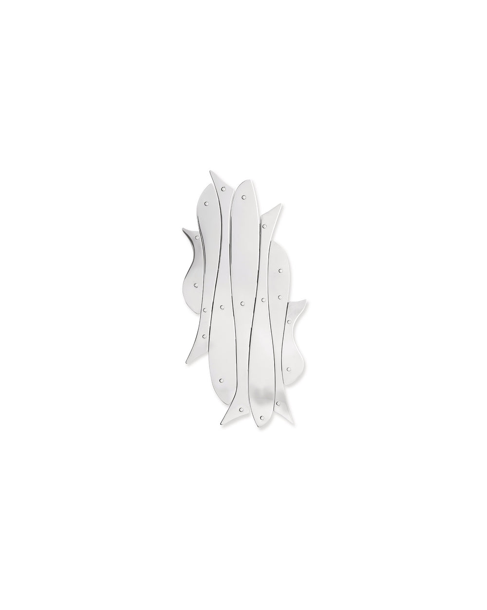 Silver metal trivet by Alessi, composed of abstract, overlapping fish shapes with a polished finish.