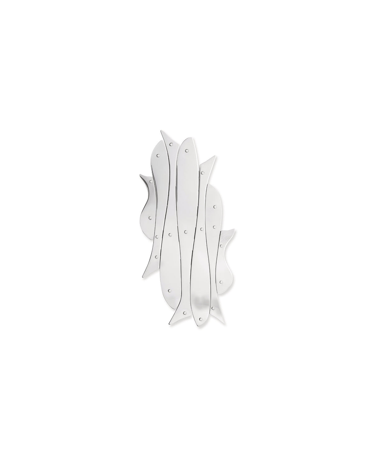 Silver metal trivet by Alessi, composed of abstract, overlapping fish shapes with a polished finish.