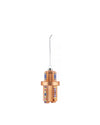 Bronze prism Christmas tree ornament by Alessi, with a vertical multicolored geometric pattern, hanging from a chain.