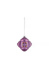 Metallic pink geometric Christmas tree ornament by Alessi, with a colorful pixelated square design, hanging from a silver chain.