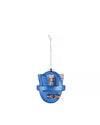 Blue geometric Christmas tree ornament by Alessi, featuring multicolored pixelated patterns on its curved surfaces, hanging from a silver chain.