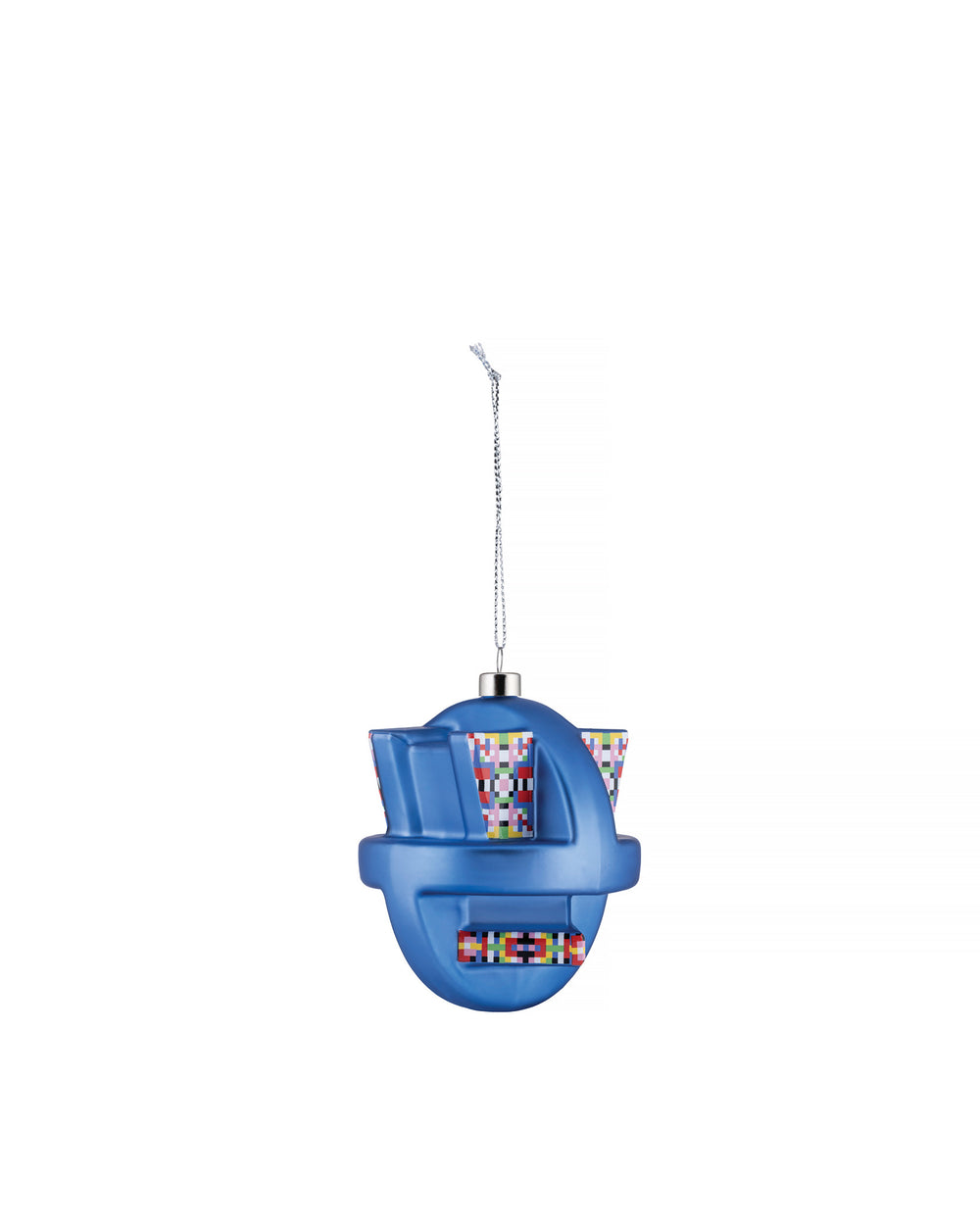 Blue geometric Christmas tree ornament by Alessi, featuring multicolored pixelated patterns on its curved surfaces, hanging from a silver chain.