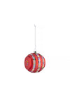 Red segmented Christmas tree ornament by Alessi with colorful pixelated patterns on raised bands, hanging from a chain.
