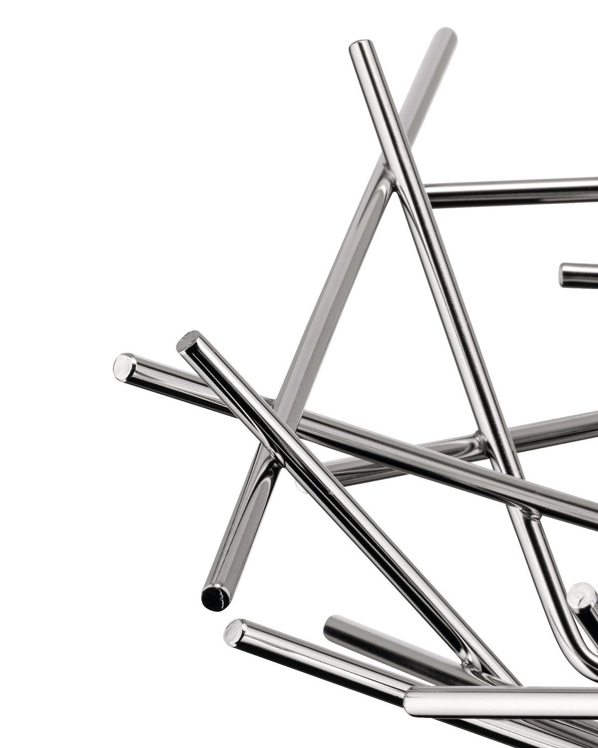 Chrome-plated steel basket by Alessi with intersecting, polished metal rods in an abstract design, cropped view.