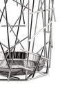 Shiny chrome decorative metal basket by Alessi, featuring an abstract design of intersecting rods and a textured base, cropped close-up.
