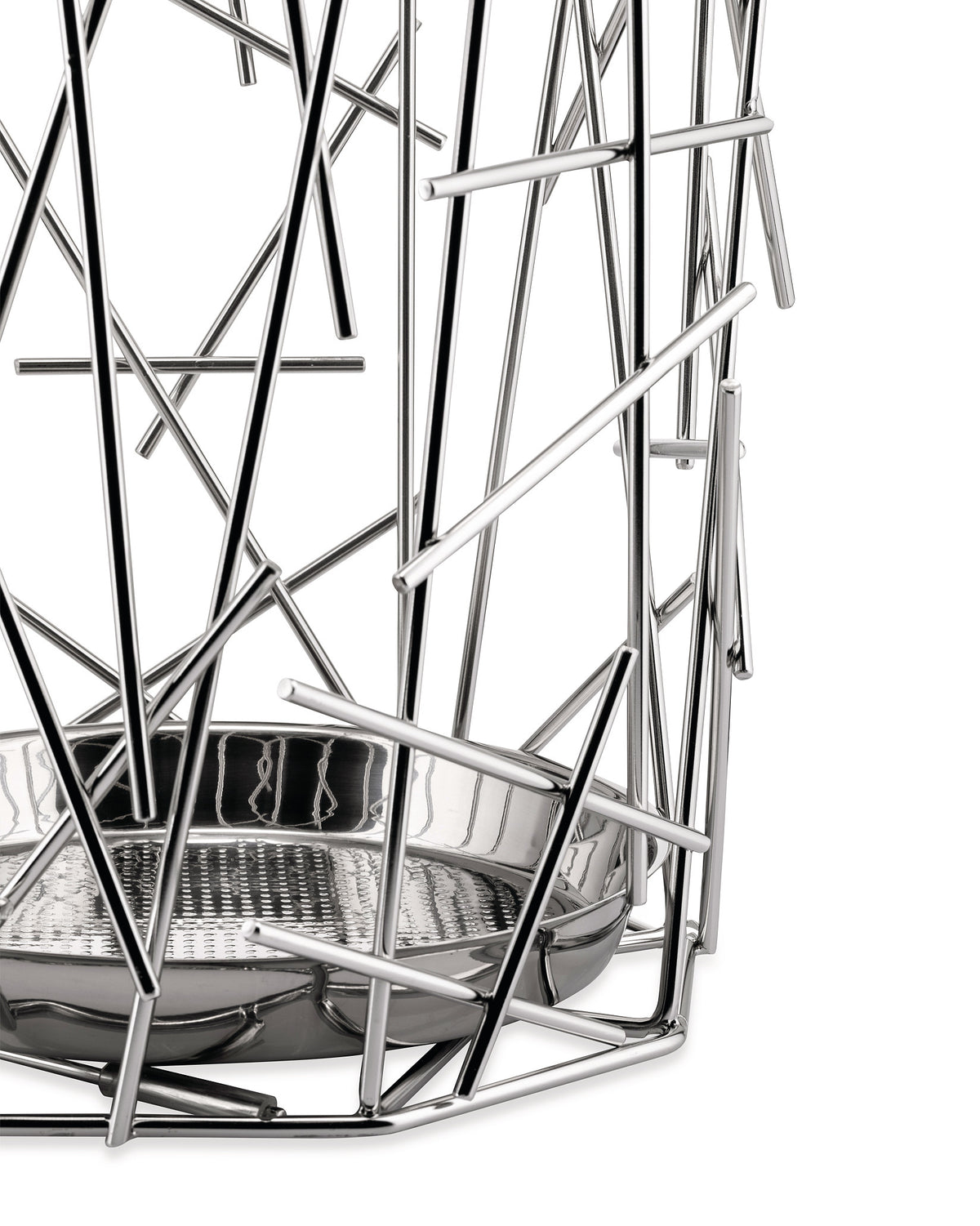 Shiny chrome decorative metal basket by Alessi, featuring an abstract design of intersecting rods and a textured base, cropped close-up.