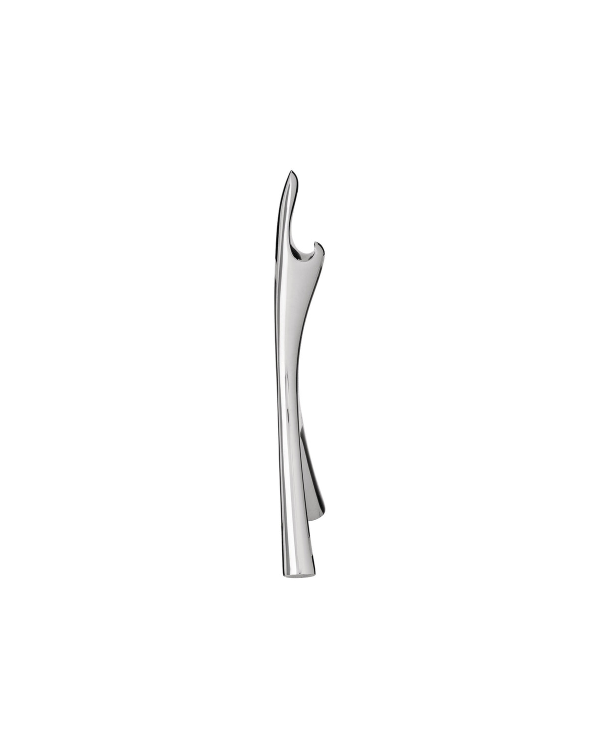 Silver bottle opener by Alessi with a sleek, curved design, standing upright.