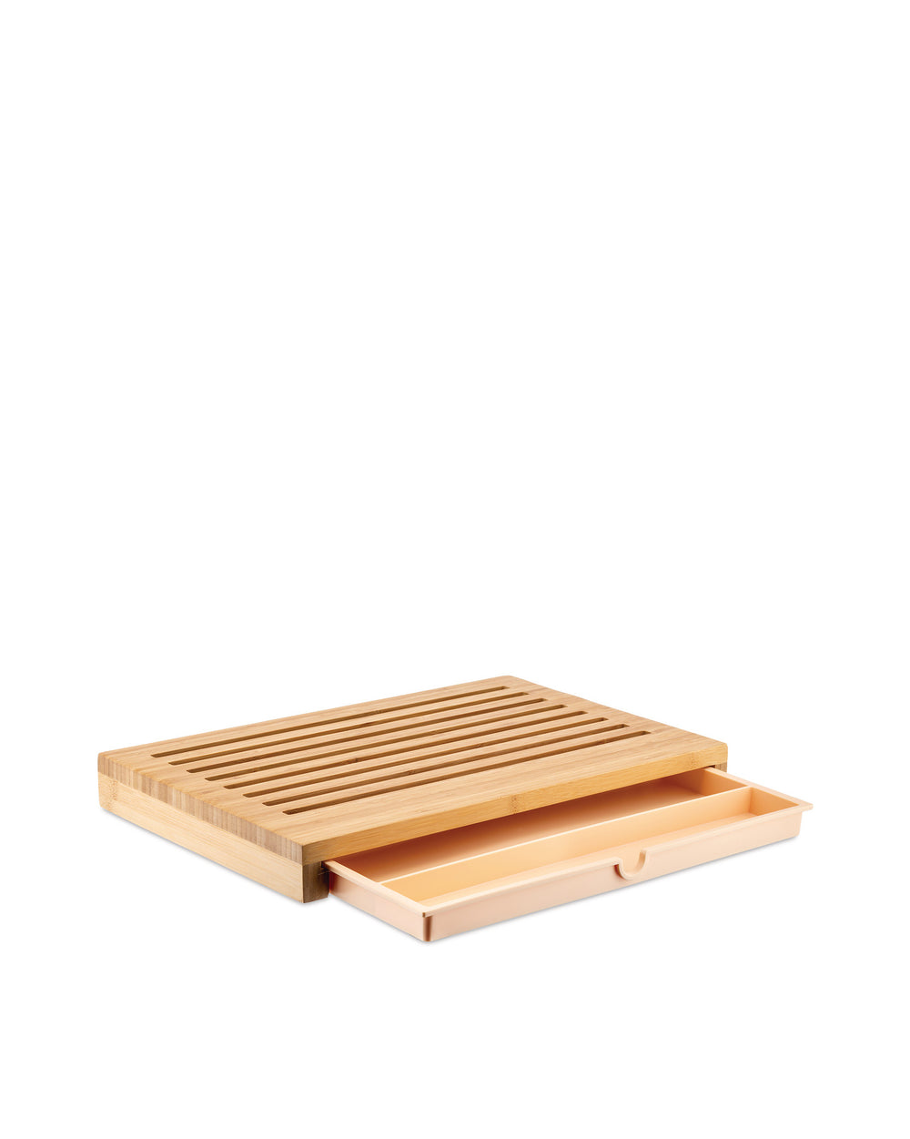 Light brown wooden chopping board by Alessi, with parallel slats and an extended light beige crumb tray.