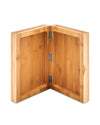 Folding bamboo knife block by Alessi, opened to reveal internal surfaces and metal hinges with knife slots.