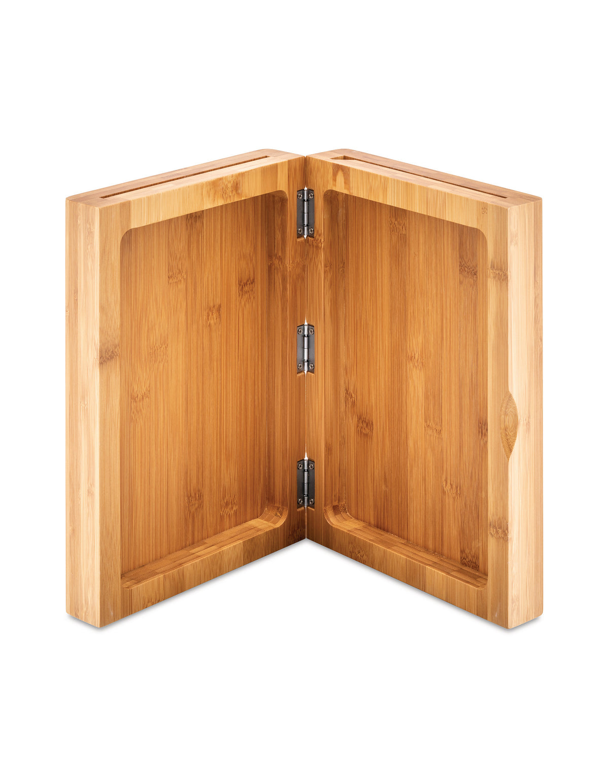 Folding bamboo knife block by Alessi, opened to reveal internal surfaces and metal hinges with knife slots.