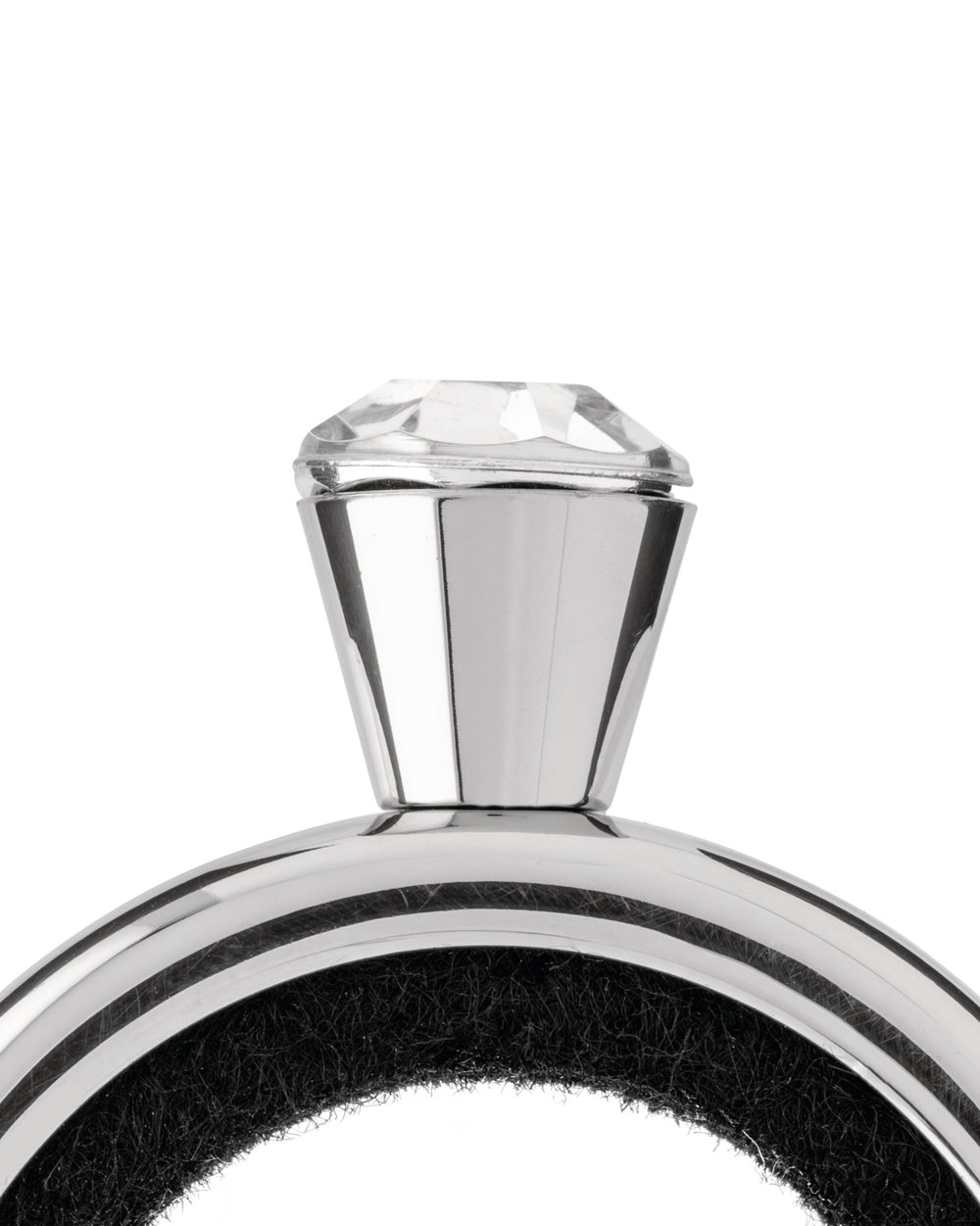 Polished chrome bottle stopper by Alessi with a faceted crystal top and black felt base.