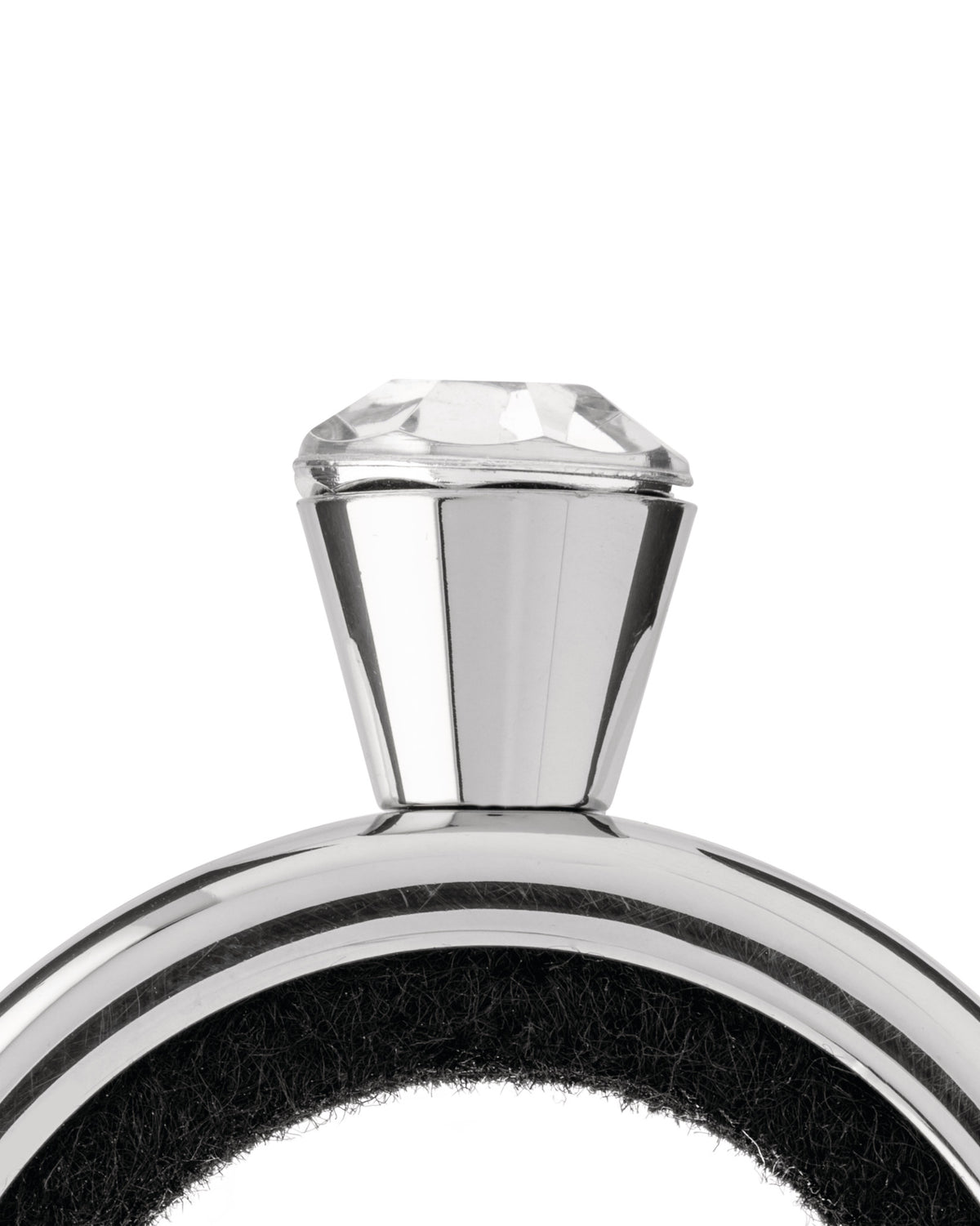 Polished chrome bottle stopper by Alessi with a faceted crystal top and black felt base.