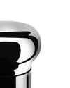 A shiny chrome bottle stopper by Alessi, featuring bold black reflective curves and a black base ring.