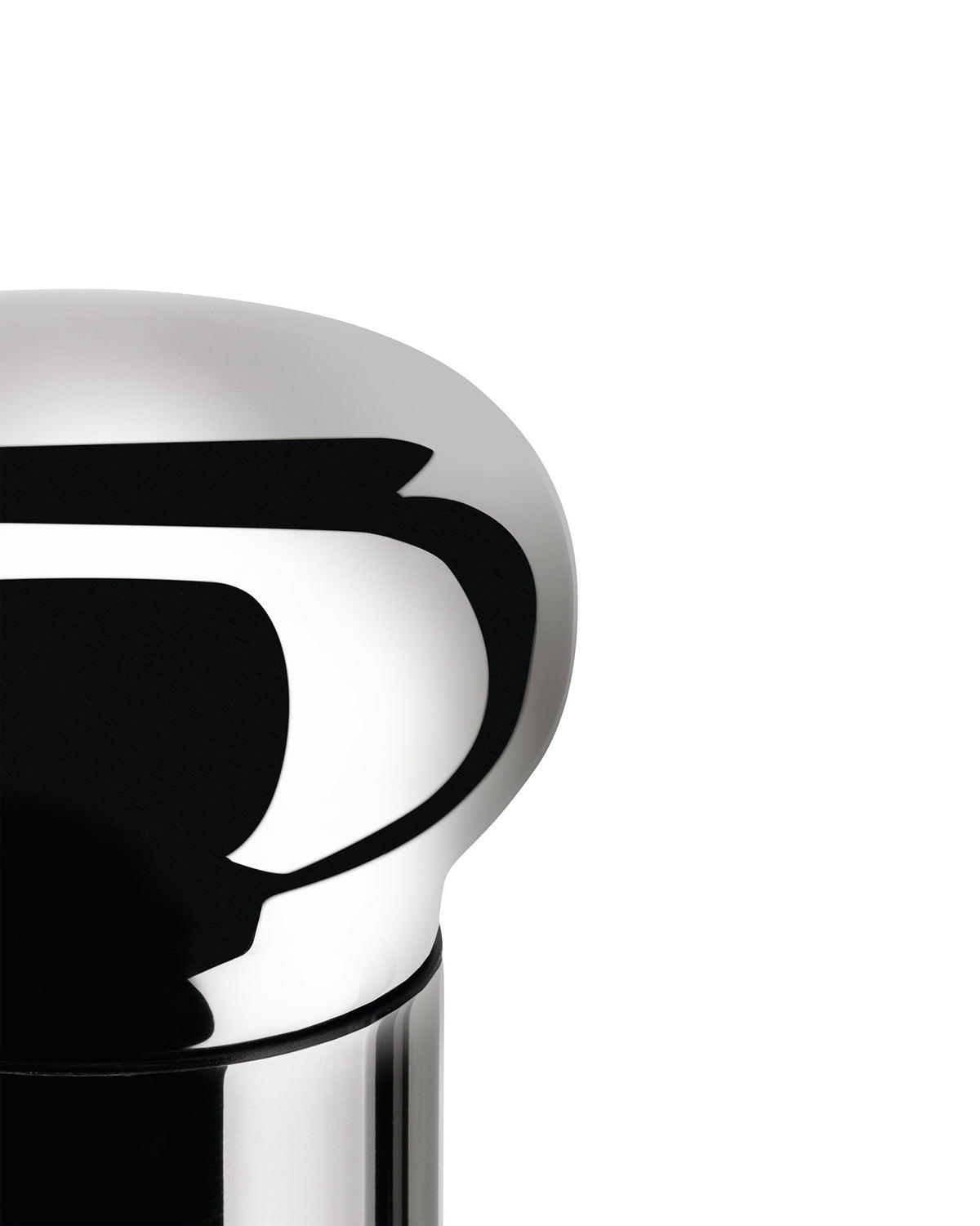 A shiny chrome bottle stopper by Alessi, featuring bold black reflective curves and a black base ring.