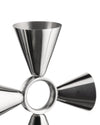 The tending box by Alessi, a shiny silver metal multi-jigger with four conical cups and a central ring on white.