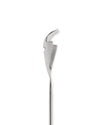 Silver metallic tending box by Alessi, featuring a sleek, sculptural design with an elongated body and notched tip.