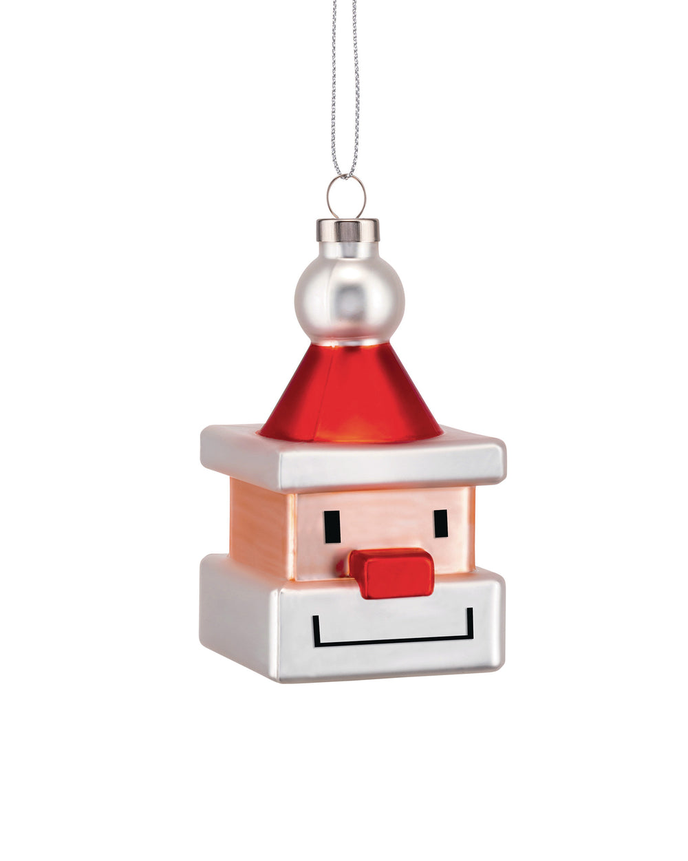 A silver, red, and peach geometric Santa cube ornament by Alessi, with black eyes and mouth, a red nose, hanging from a silver chain.
