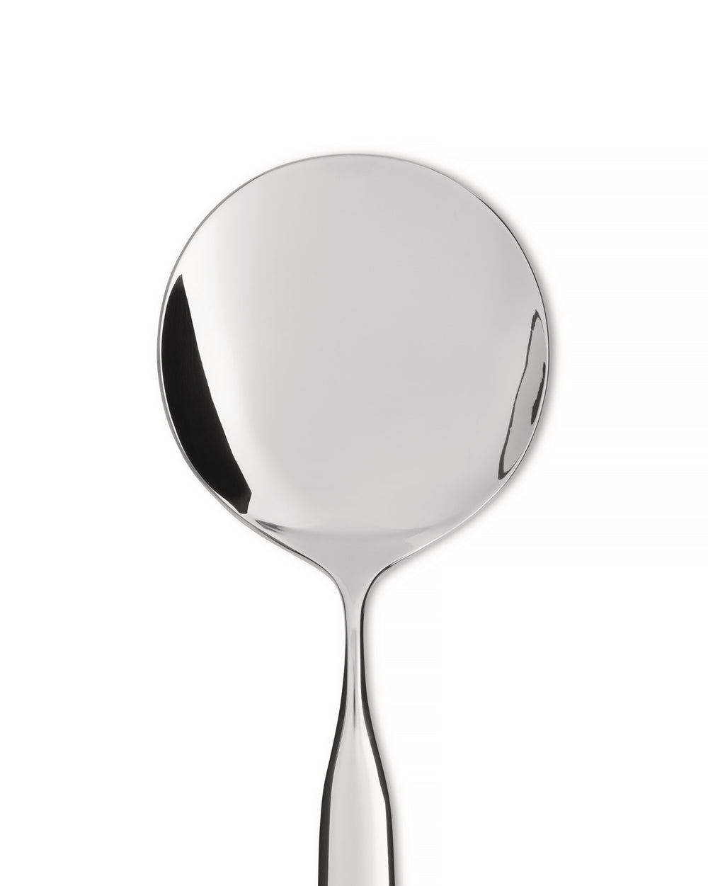 Silver serving spoon by Alessi with a polished, reflective finish against a white background.