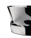 Crinkled silver metal bowl by Alessi, with a highly reflective surface and unique sculptural shape.
