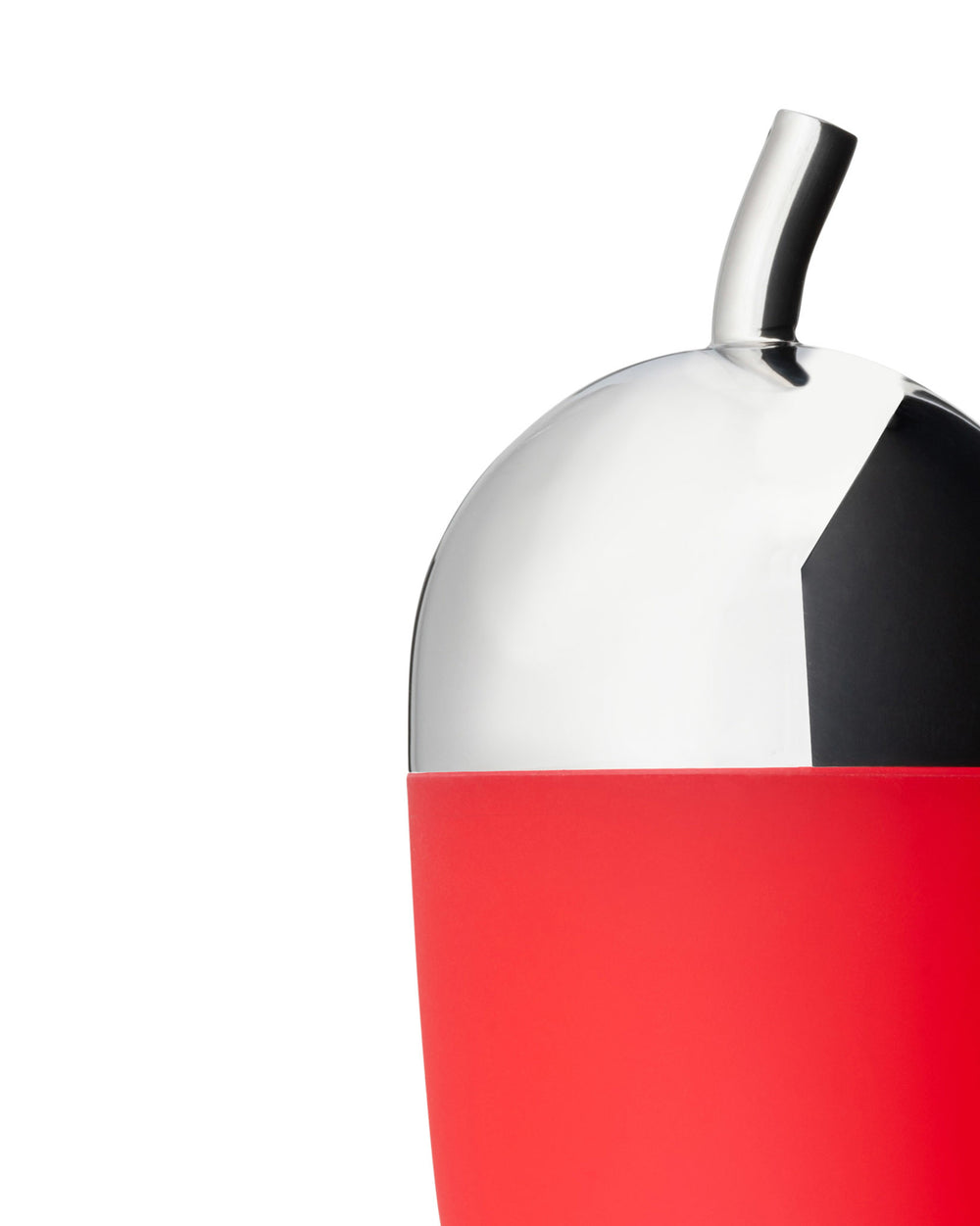 Cropped red and silver chili dispenser by Alessi, with a shiny chrome top and matte red base.