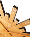 Bamboo wood wall clock by Alessi with black edges, raised segments, white Roman numerals, and orange hands.