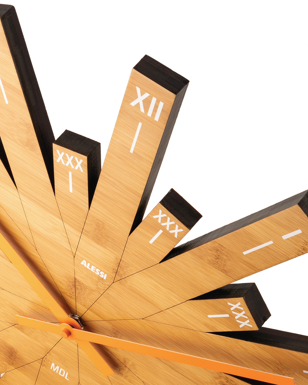 Bamboo wood wall clock by Alessi with black edges, raised segments, white Roman numerals, and orange hands.