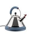 Silver conical electric kettle by Alessi with a blue handle, base, and a red bird whistle.
