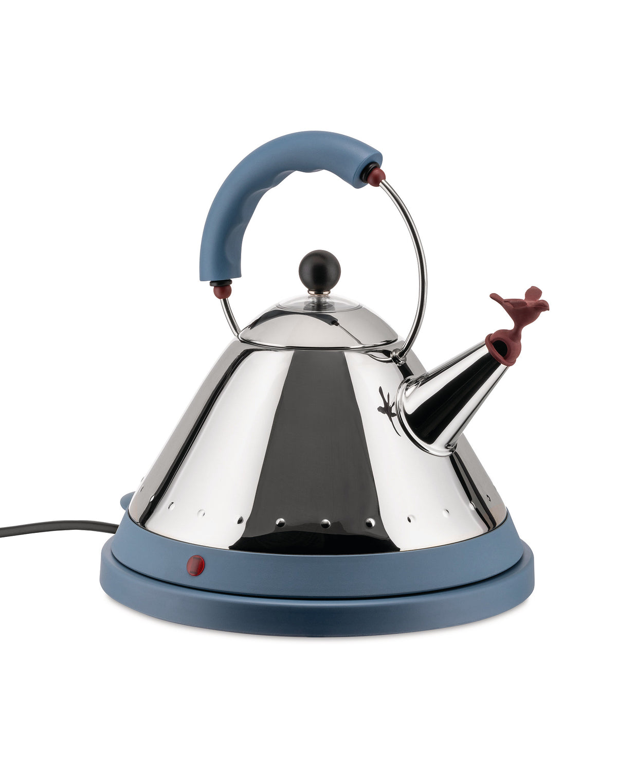 Silver conical electric kettle by Alessi with a blue handle, base, and a red bird whistle.